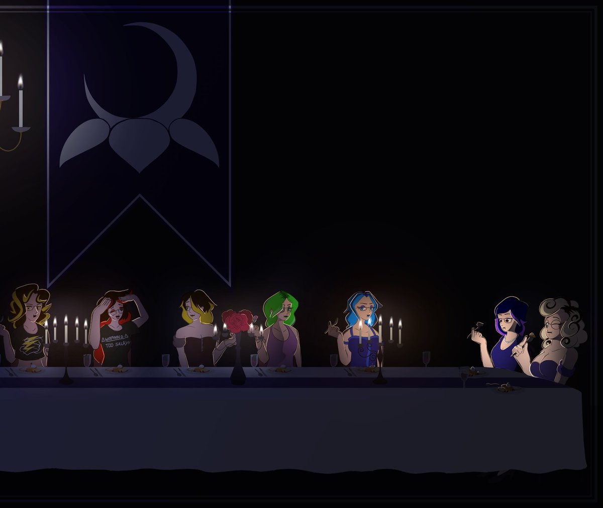 Lo and behold: a grandiose(ish) dinner with the wealthy goth-witch family, the Nightshades! And their little mortal Sanford is dining with them, too!!

Happy Halloween, everyone! I hope you all enjoy my most ambitious artwork to date with over 20+ OCs!
#art #oc #witch #dinner