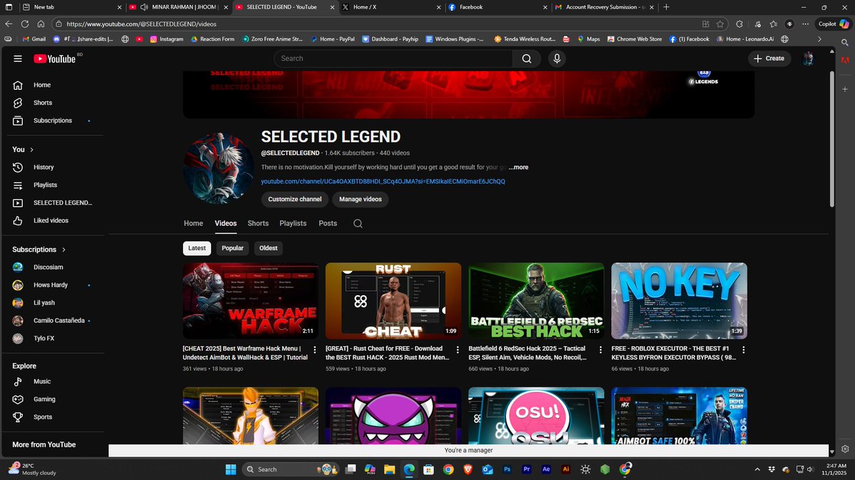 selectedlegend0's tweet photo. @TeamYouTube My channel is hijacked. My case # is 4-1539000039321 and it's been a 12+ days.
Hacker is uploading hacking videos and my channel has a strike now. please help

Hacked Acc: fuadahmod174@gmail.com
Submitted Email: selectedlegendbusiness@gmail.com https://t.co/fP1uwzDgHN