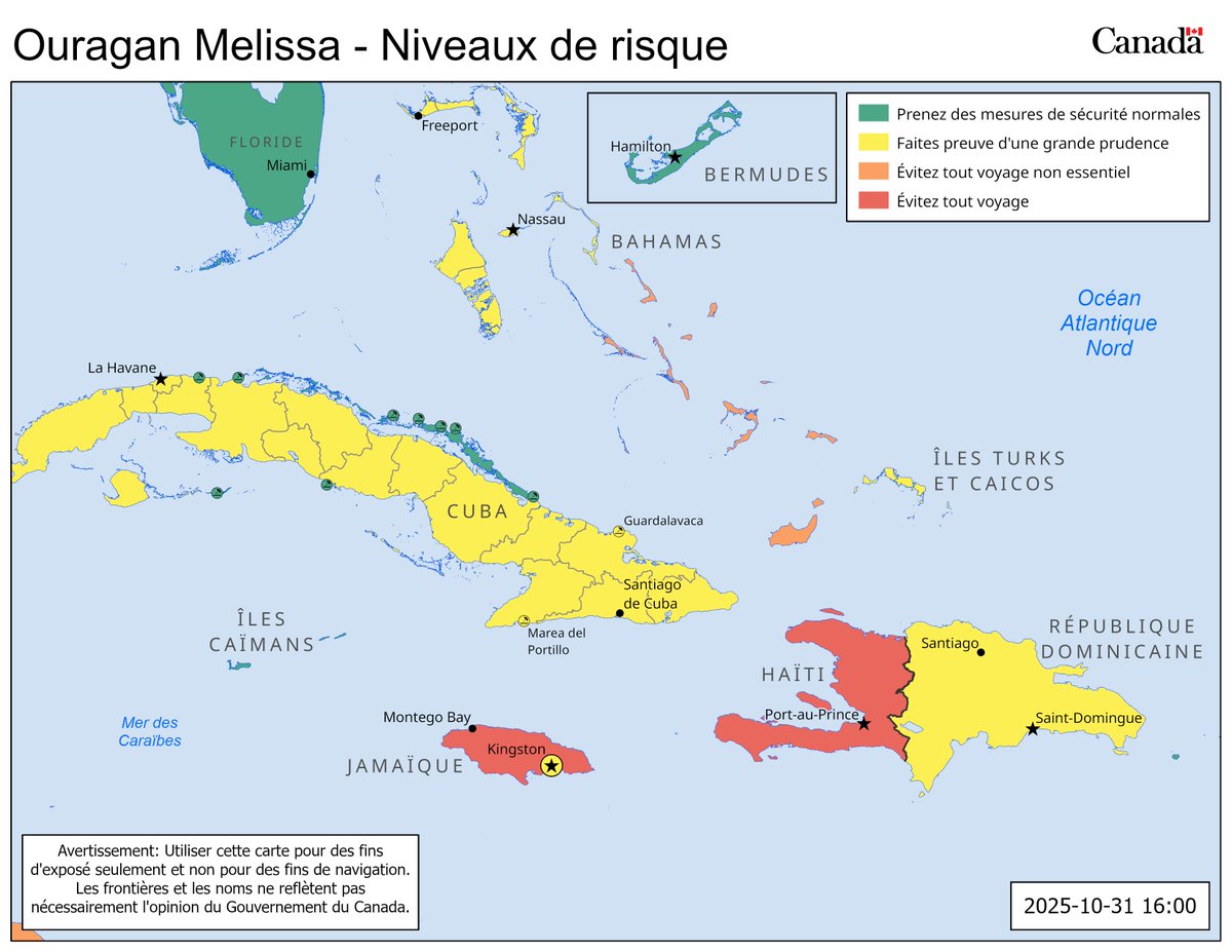 Consultez la récente carte des niveaux de risque + mises à jour de nos conseils pour refléter les conditions après le passage de l’ouragan #Melissa.
Bahamas: ow.ly/8mHB50Xlfaf
Bermudes: ow.ly/ZaS650Xlfae
Cuba: ow.ly/Y9m950Xlfah
Jamaïque: ow.ly/GTkP50Xlfap