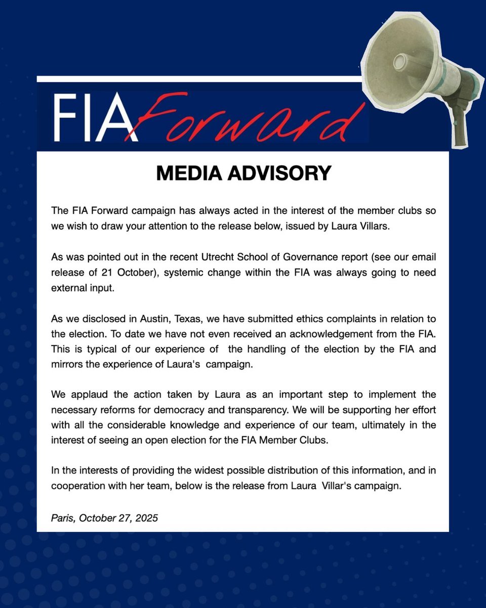 fiaforward's tweet photo. We applaud the action taken by Laura Villars in the French courts as an important step towards the necessary reforms for democracy at the FIA. We will be supporting her effort with all the knowledge and experience of our team, hoping for an open election for all FIA Member Clubs. https://t.co/lDeWca0YO1