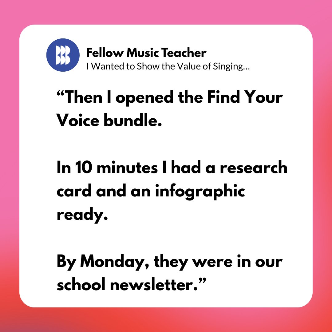 bb_brains's tweet image. A fellow music teacher shared how the Find Your Voice bundle turned hesitation into confidence, and their school felt the impact. 💛

Find your voice too: ow.ly/20e550X0CtT

✨ 15% off with code BELONGING15 (28 Oct – 11 Nov)

#biggerbetterbrains #musiclearning