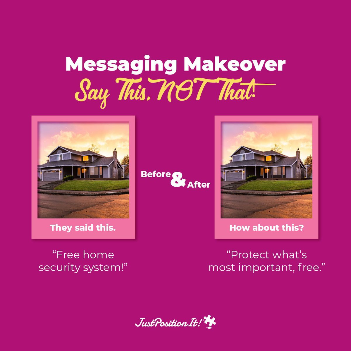 justpositionit's tweet image. Say This 😚 Not That!! 🫥  What if you could change just 5 words and make your message 10x more effective? Take a look and if you want 20+ real-life before and after examples for inspiration, click here 👉  buff.ly/2MPLzf7  #messaging #copywriting #sales 💰