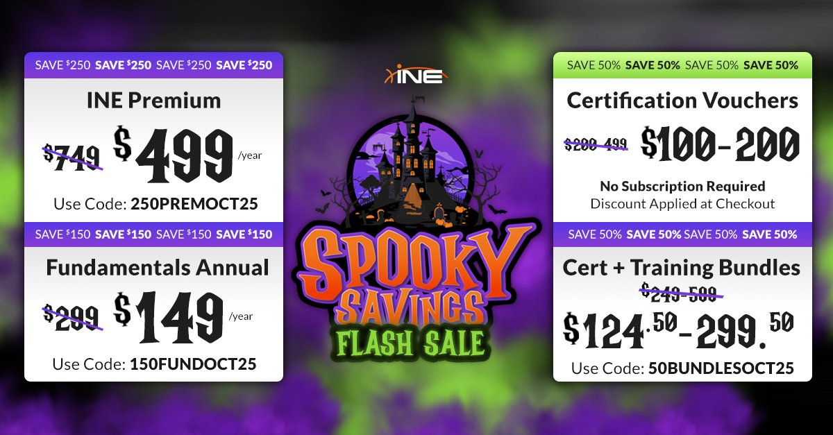 ine's tweet image. 👻 ENDS TONIGHT! Last call for Spooky Savings 🎃

⚡ Certs: 50% off (no subscription!)
🎃 Premium: $250 off
🎃 Bundles: 50% off
🎃 Fundamentals: $150 off

Hours left. Act NOW!

bit.ly/4hOh5K1

#CyberSecurity #FinalHours