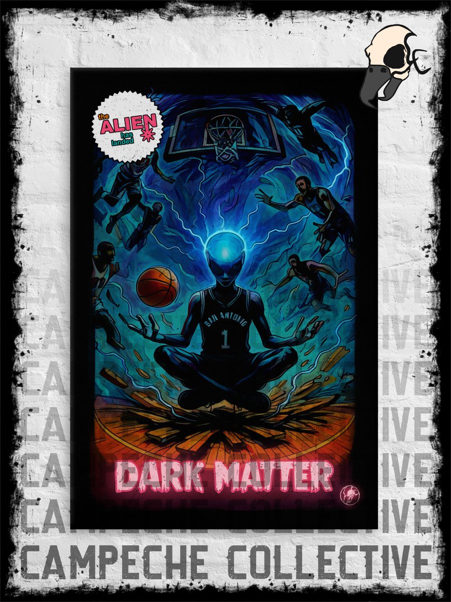 CampecheCo's tweet image. Happy Halloween #spursfam. The @spurs are 5-0, and Wemby&apos;s gravity is collapsing defenses as he dominates the paint. The alien has officially landed, and the rest of the NBA is in peril. 

Official link to this poster and all the clothing options:
campechecollective.com/shop/san-anton……