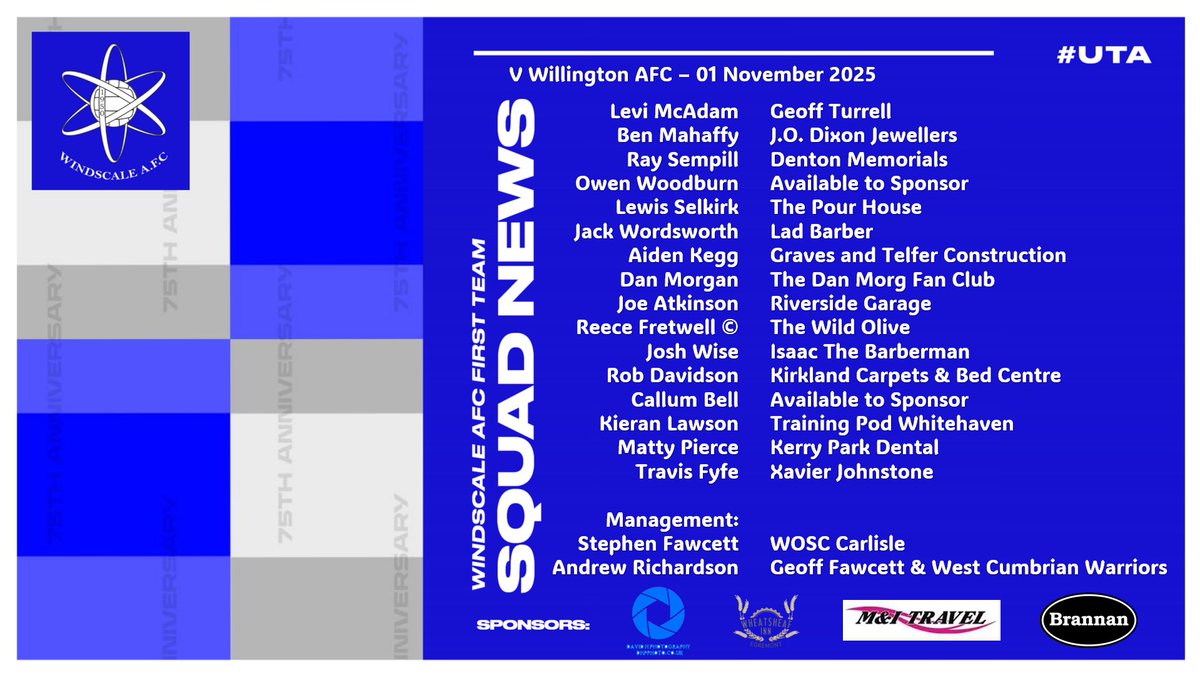 𝐋𝐀𝐓𝐄 𝐌𝐀𝐈𝐋📮

Stephen Fawcett and Andrew Richardson have named their playing squad for tomorrow’s cup clash with Willington AFC! 

Debut in line for new signing Owen Woodburn, as well as a welcome return for Skipper Reece Fretwell.

#UTA 
#UpTheAtoms