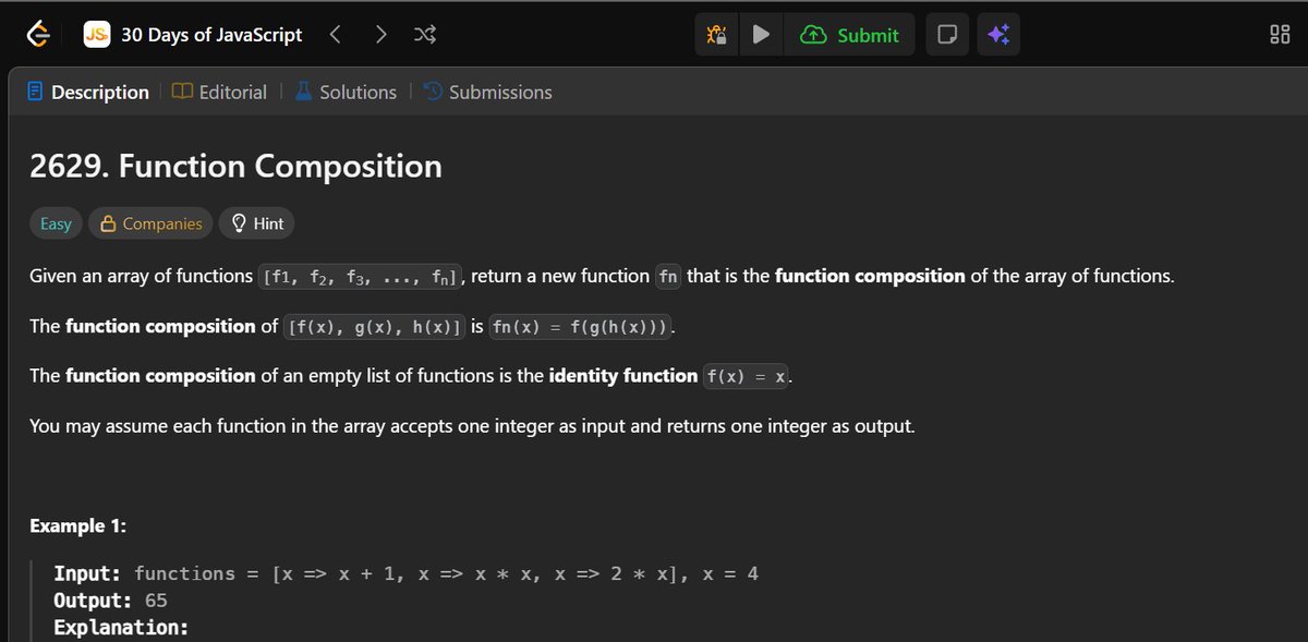 Mgregchi's tweet image. Day 9: Function Composition Easy 凸 Companies 9 Hint Given an array of functions [f1, f2, f3, ..., fal, return a new function fn that is the function composition of the array of functions.
#30daysofjavascript #CodingChallenge #JavaScript #LeetCode