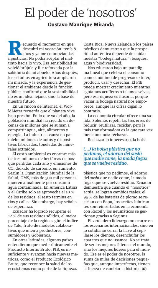 Pactos como Montreal, Moncloa, París o el Plan Marshall han demostrado como podemos cambiar la historia.
Hoy el reto es mayor, construir un futuro sostenible desde nuestras coincidencias.

Cuando el “nosotros” se activa, el cambio se vuelve poder. 
Link: eluniverso.com/opinion/column…