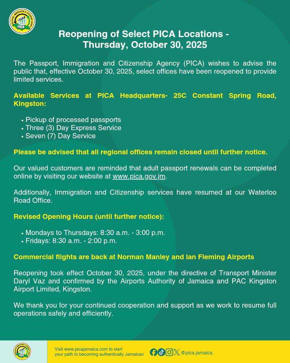 PICAJamaica's tweet image. 📣PSA: Reopening of select PICA locations.🇯🇲

#rebuilding #resilient