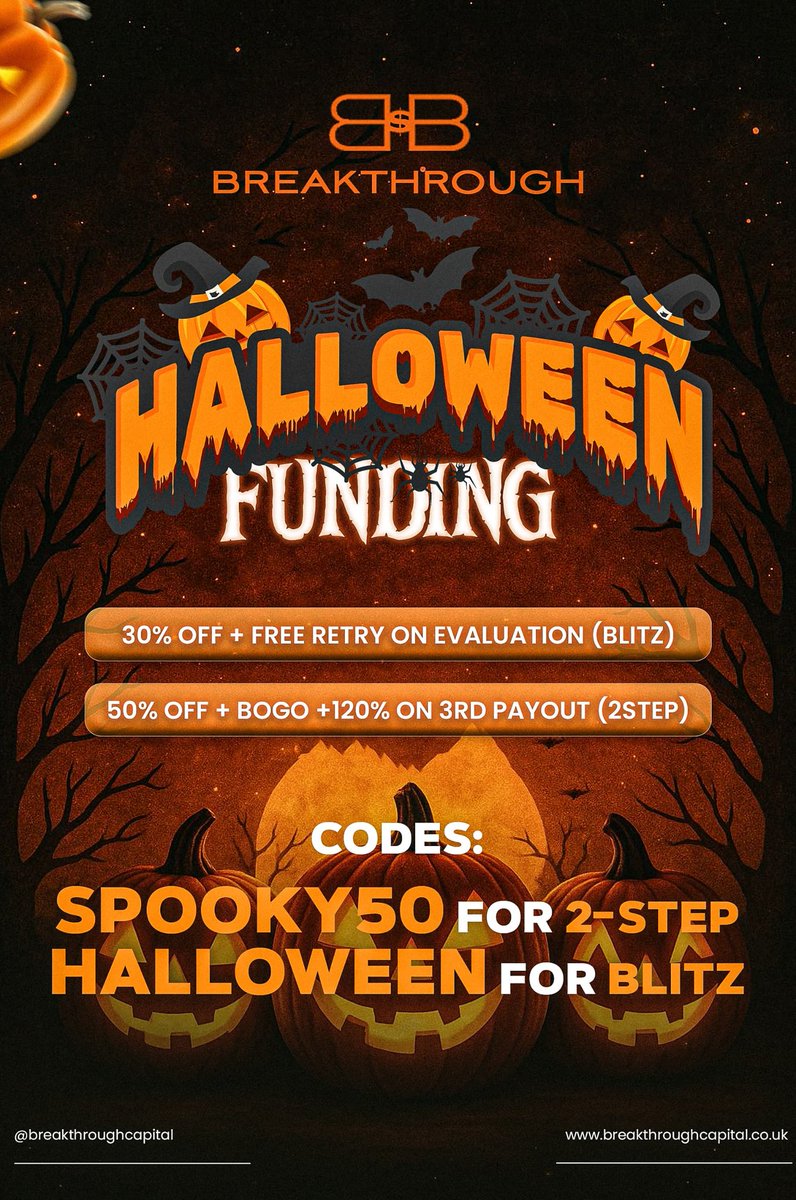 THE BIGGEST SALE OF THE YEAR IS LIVE! 👻🎃

🔥 NORMAL CHALLENGES
• 50% OFF
• BOGO — Get the same account size FREE
• 120% REFUND on your third payout
🎫 Use Code: SPOOKY50

⸻

⚡ BLITZ PLAN
• 30% OFF your Blitz Evaluation
• FREE RETRY if you fail the evaluation
🎫 Use Code:
