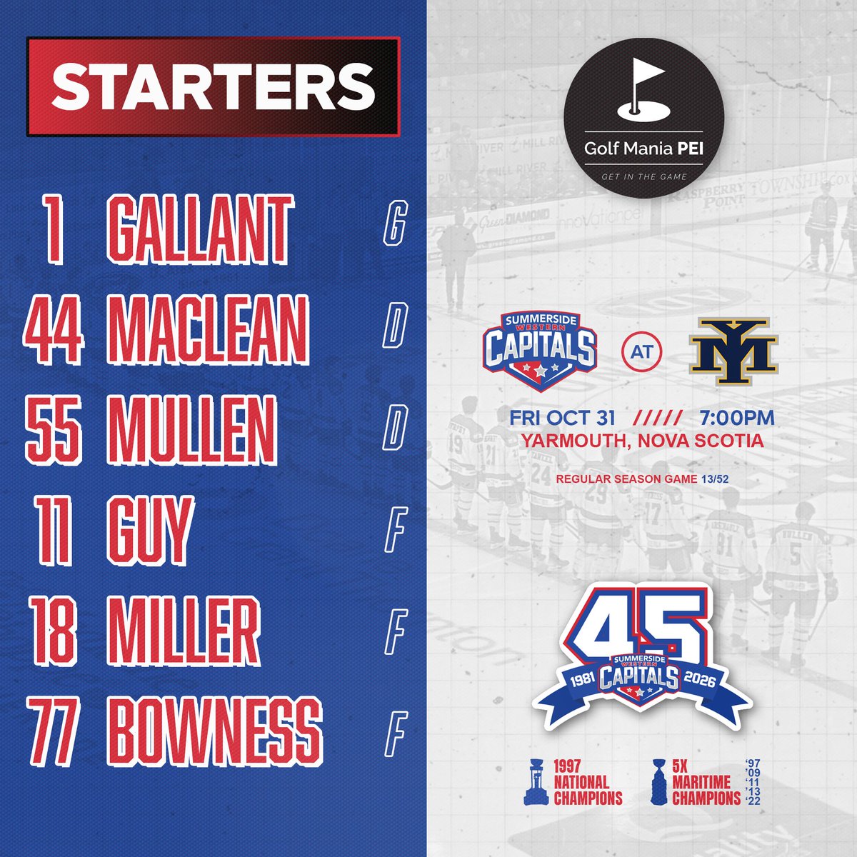 Here's tonight's starting lineup in Yarmouth brought to you by Golf Mania PEI! Caps and Mariners up next! #CapsArmy