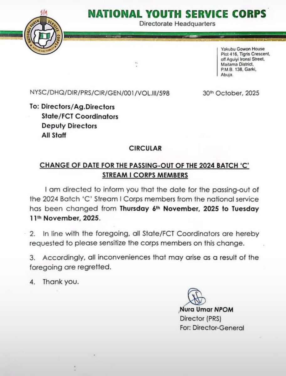 _NyscUpdate's tweet photo. CHANGE OF DATE FOR THE PASSING-OUT OF 2024 BATCH C STREAM 1 CORPS MEMBERS 
The Management of National Youth Service Corps hereby announce that the passing-out date for the 2024 Batch 'C' Stream 1 Corps Members has been changed from Thursday 6th November to Tuesday 11th November https://t.co/QkZLx7Bay6