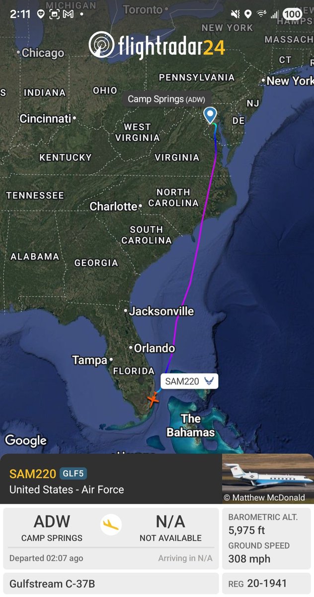 Borrowed7Time's tweet photo. USAF C-37B 20-1941 #AE6CF1 as SAM220 en route from JB Andrews to Homestead ARB FL. Likely transporting SecState Marco Rubio home for the weekend.
@sipjack1776 @LadyAstroJet https://t.co/uKhuXEZbUn