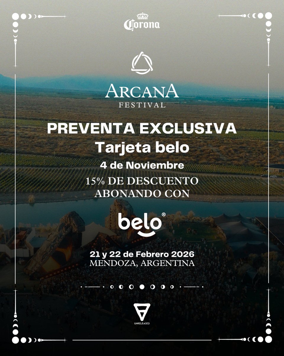 belo_app's tweet photo. 🔥 LLEGA ARCANA FESTIVAL — PREVENTA EXCLUSIVA CON BELO 🔥

Este martes 4 de noviembre 13:00hs — preventa exclusiva y 15% OFF pagando con tarjeta belo 💳

RÜFÜS DU SOL [DJ SET] // ARODES // LUCH B2B JUNO (BE) // LØVØ // COLYN // NICK WARREN // NIM // LUCIANO DE DOMINICIS

👇🧵 https://t.co/zw9ijlh06c