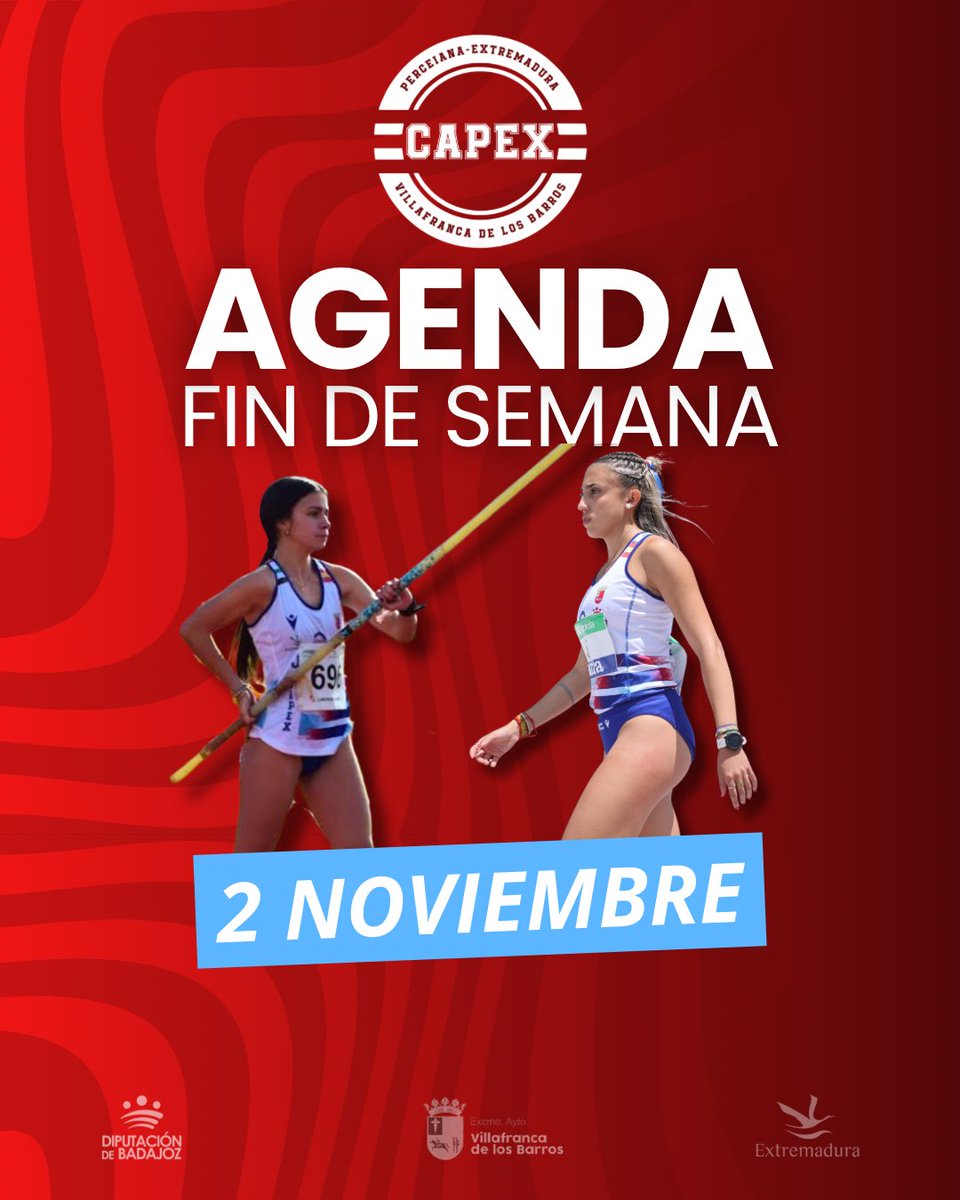AtletismoCAPEX's tweet photo. AGENDA FIN DE SEMANA 🔵🔴⚪️
Domingo 2/11
🔵 I Jornada de Liga de Campo a Través en Llerena
🔴 Cross Patronato Municipal de Deportes de Palencia
⚪️ 66º Trofeo Marathon de Campo a Través en Madrid
💙❤️🤍 ¡Vamos equipo!
#AgendaCAPEX #CapexExtremadura #CampoATraves https://t.co/ErBVEPzqDQ