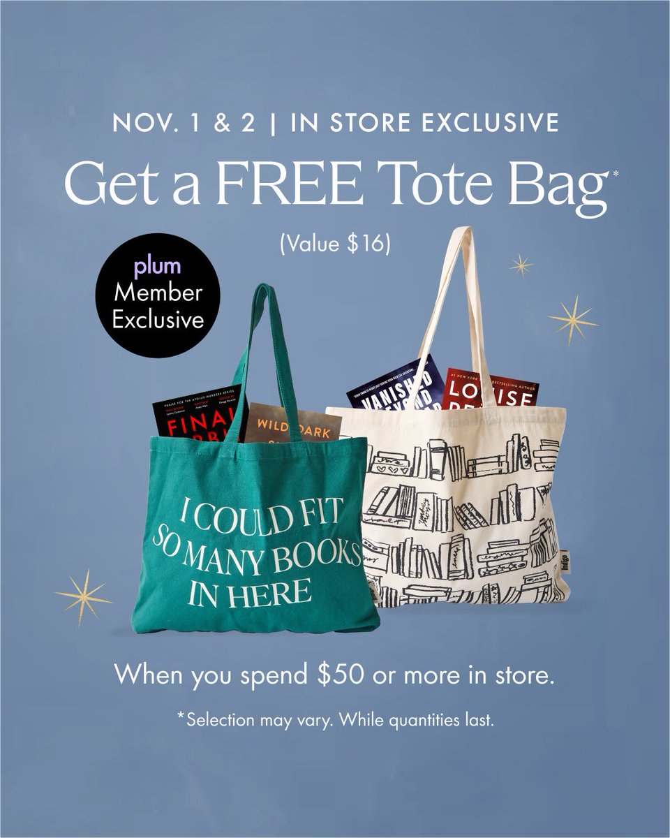 Your next #book haul deserves a new #tote✨

plum Members: Get yours for FREE when you spend $50 or more in the store on Saturday, November 1st &amp; Sunday, November 2nd. 
Two styles! 
While supplies last. 

#plum #membership #loyaltycard #plumexclusive #tbr #bookhaul