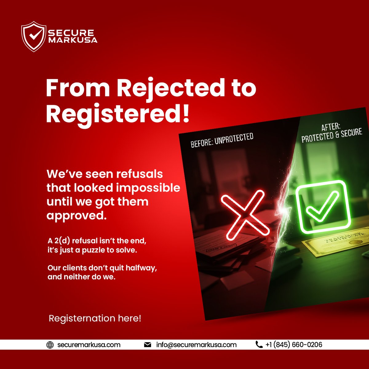 Secure_Mark_USA's tweet image. Rejected by USPTO? Not the end.
We turn refusals into approvals every week.
✅ Let’s fix your trademark today.
📞 +1 (845) 660-0206 | securemarkusa.com

#securemarkusa #TrademarkApproval #TrademarkProtection #TrademarkRegistration #IPConsulting #BusinessProtection