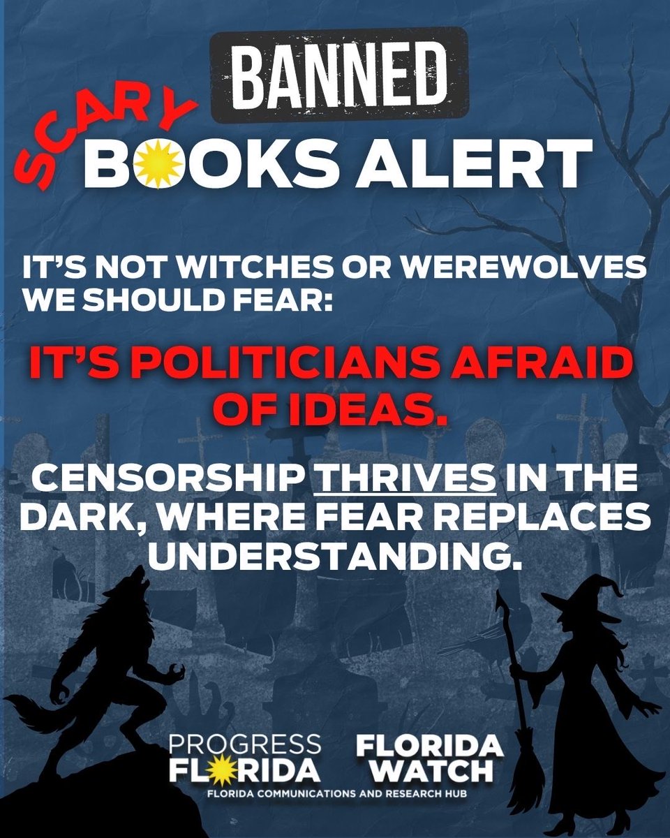 ProgressFlorida's tweet image. Florida leads the nation in school book bans, and that’s the scariest thing this Halloween. Having the freedom to read shouldn’t be a horror story. #BannedBooks #FreedomToRead