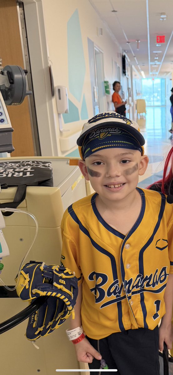 Spending Halloween in the hospital isn’t ideal but it’s just part of the journey I guess. At least Grayson got to get up and have a little bit of fun. Dressing up as a <a href="/TheSavBananas/">Savannah Bananas</a> player. #warrior #beatingcancer