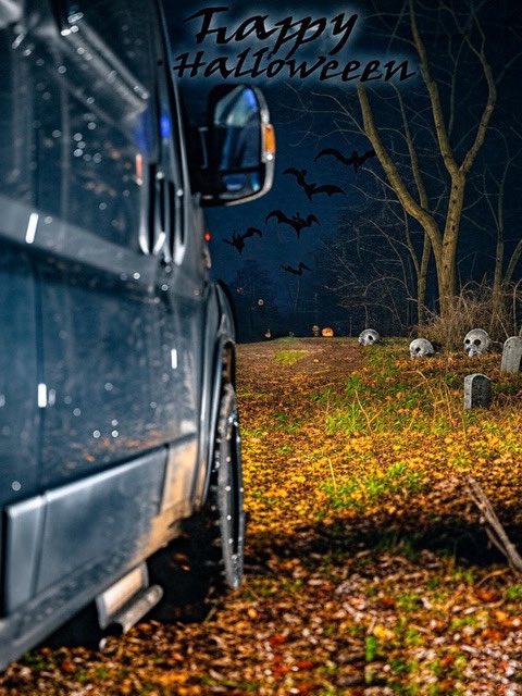 offrotie's tweet photo. 👻 Happy Halloween! 👻 

Spooky vibes in the woods! 🎃 ☠️ 🕸️

These AI-generated images were created using my original photos as a base—transformed into Halloween magic with skulls, pumpkins, bats, and more eerie decor. 

🕷️Happy Halloween!💀🕸️

 #offrotie #vanlife #halloween https://t.co/RLAipsUDCd