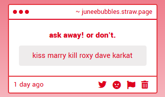realJegbert's tweet photo. ooh, first time i've got one of these. uh... kiss dave... marry roxy... kill karkat? https://t.co/Ygq3o00Hg5