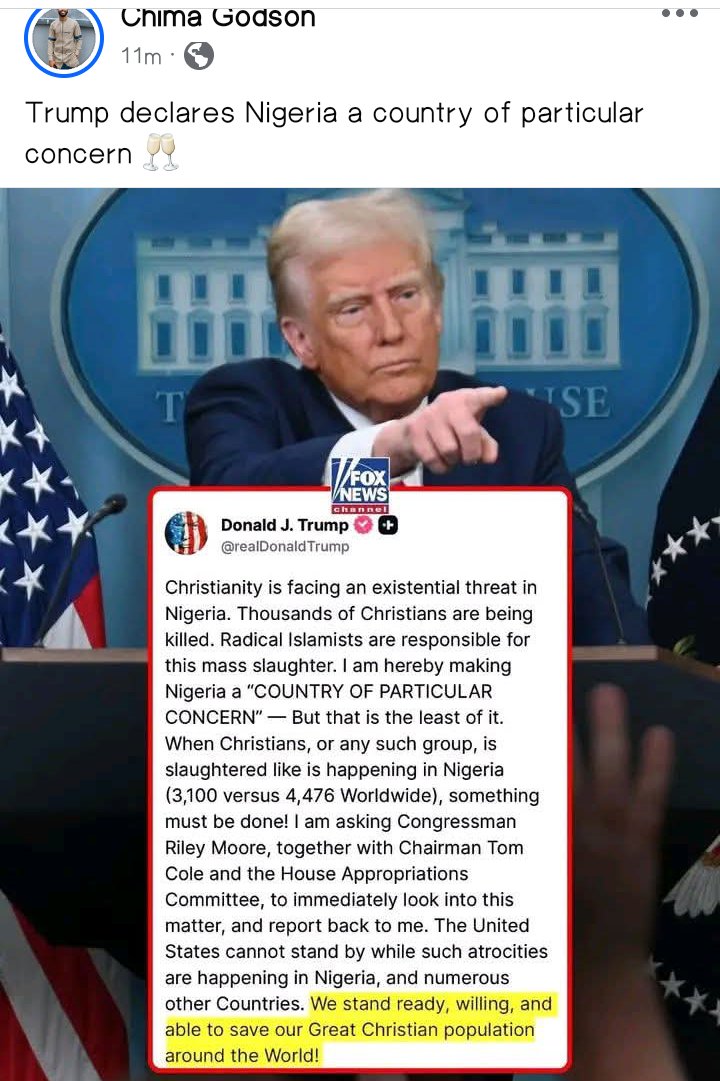 Officialcgodson's tweet photo. Trump declares Nigeria a country of particular concern 🥂
#Trump #Nigeria https://t.co/Tzm2AXTt76