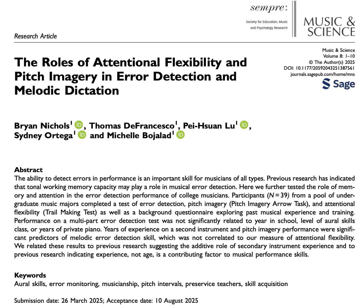 PitchLabPSU's tweet image. Here we demonstrate the variable roles of intentional, flexibility, and pitch imagery in musician skills like error, detection, and melodic dictation. Fresh off the press today!