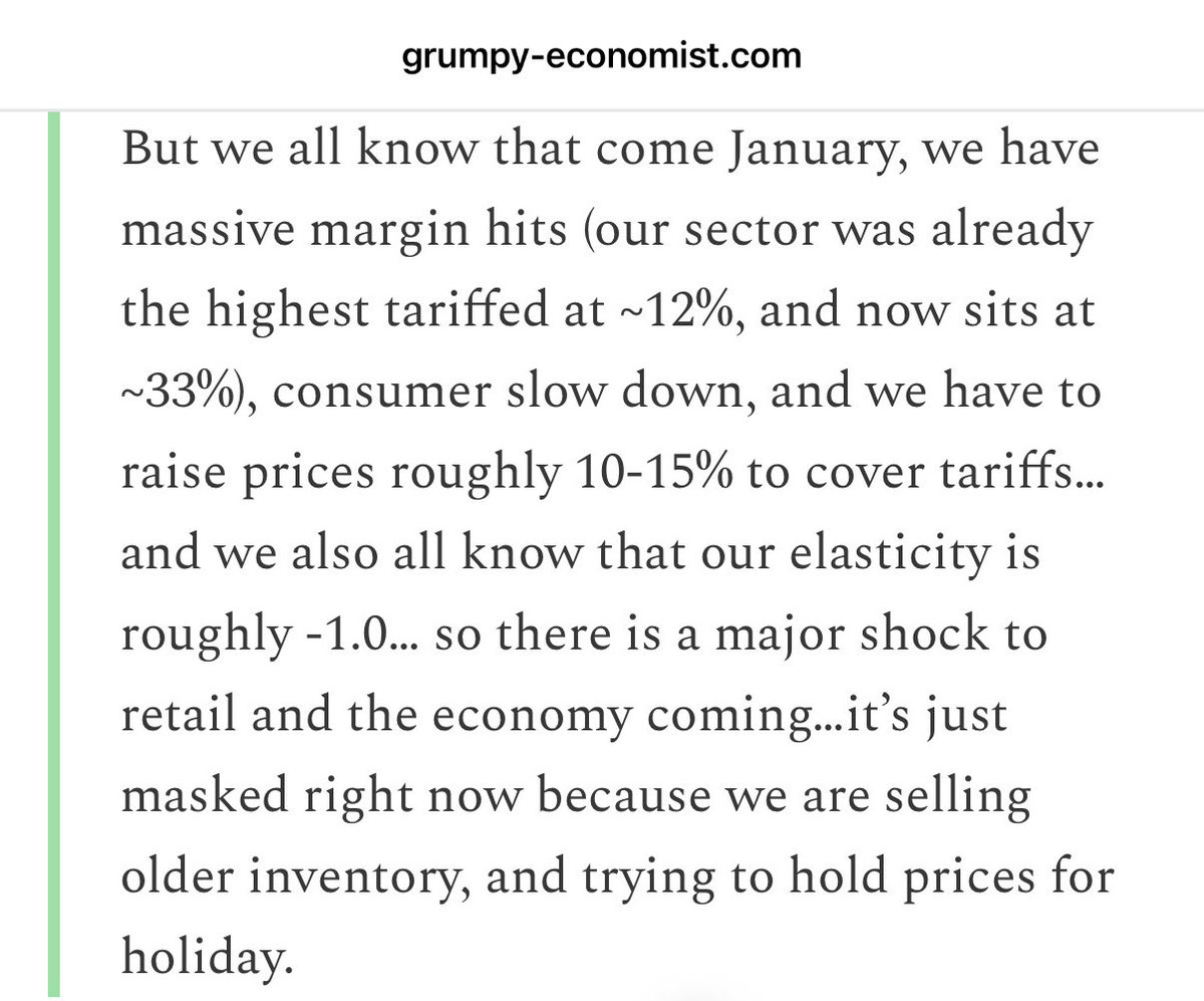 “why tariffs have not shown up yet in inflation. This CEO’s answer is, just wait, it’s coming early next year.”

“Business only raise prices when accounting losses force them to do so.”

Who is looking forward to 2026!?