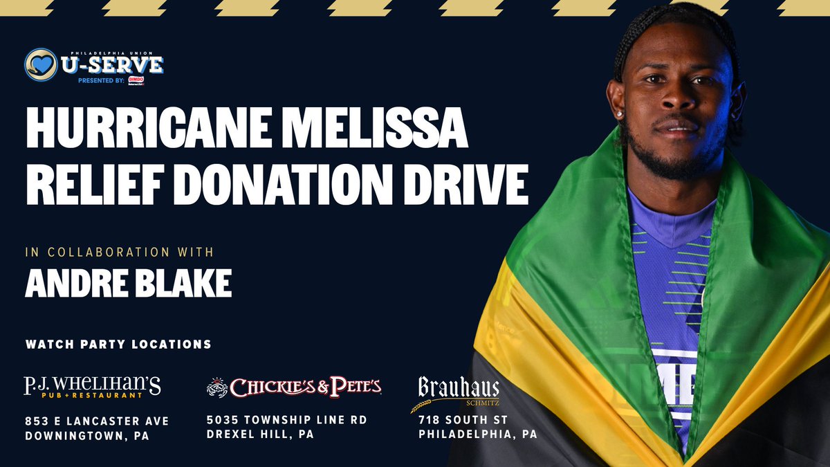 PhilaUnion's tweet image. We’ll be collecting donations at our official watch party locations to support families in Jamaica affected by Hurricane Melissa 💛💚

What to donate: philaunion.co/jamaicarelief

#DOOP