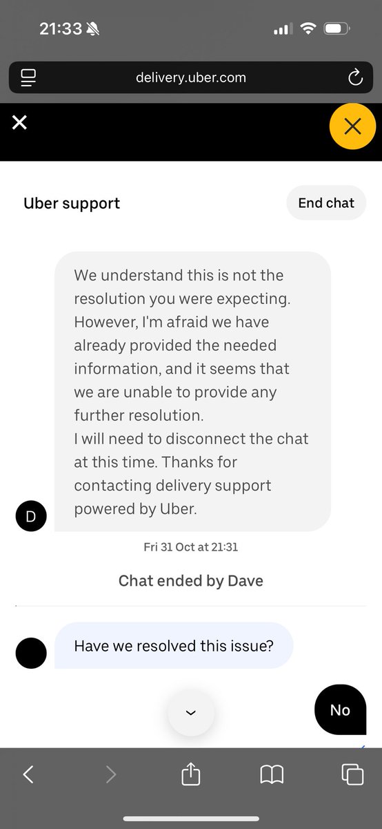 EmmaMayyLewis's tweet photo. @UberEats how is it acceptable to disconnect chats when the conversation clearly has not ended? Should we talk about your customer service? https://t.co/CdkGh2YtCO
