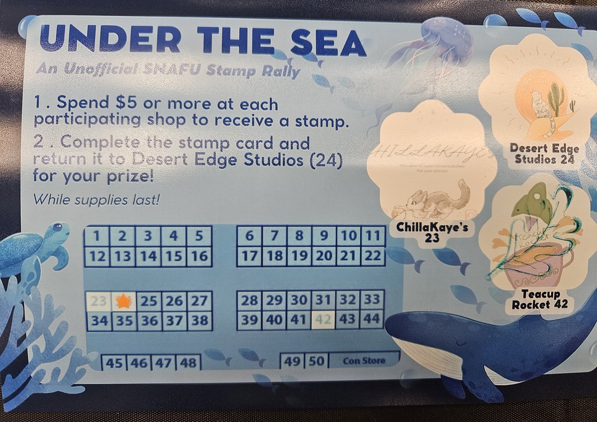 One stamp rally is good, but two is better! This one is organized by Desert Edge Studios! If you want to join in, stop by their booth in Artist Alley!

desertedgestudios.carrd.co

snafucon.com