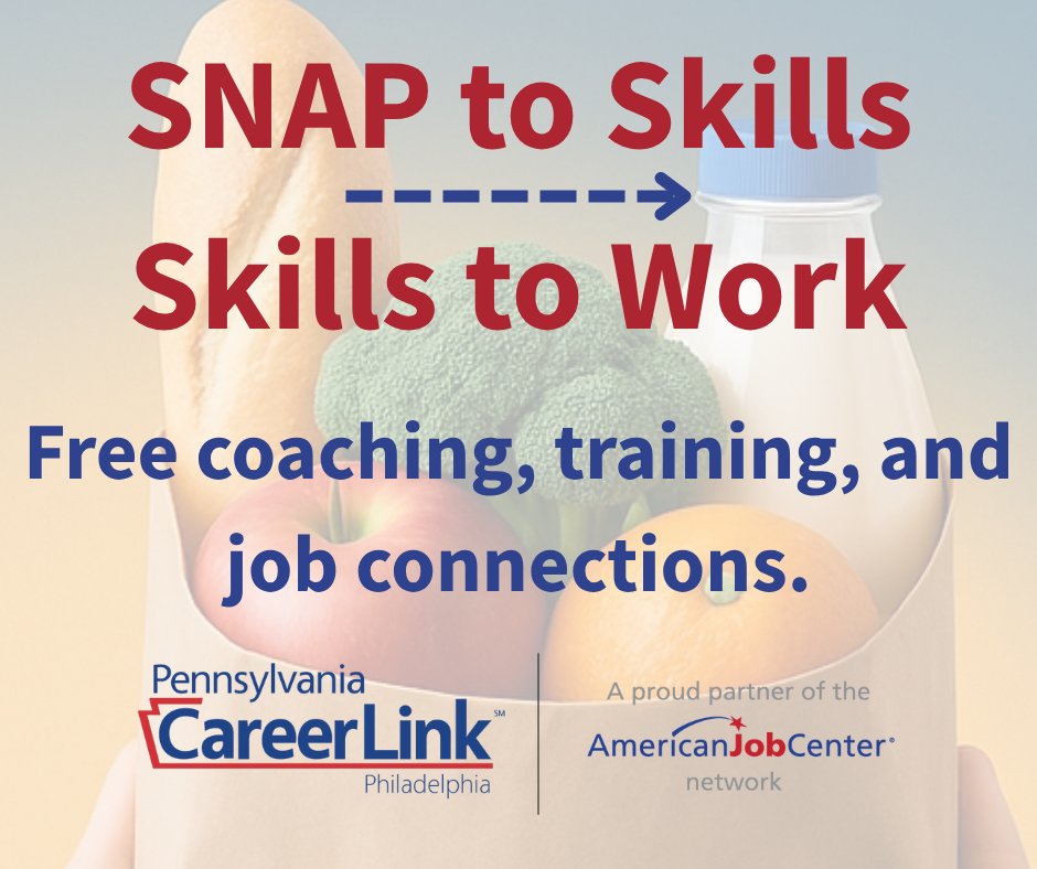 Using SNAP and ready for your next step? PA CareerLink® Philadelphia offers free coaching, training &amp; job connections—plus City food resources to cover immediate needs. 

Appt Book: pacareerlinkphl.org/contact-us/#Ap…

Food: phila.gov/food/

#PACareerLinkPHL #SNAP