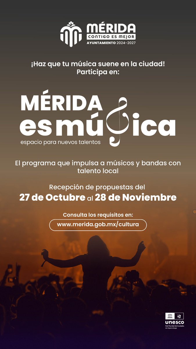 MeridaCultura1's tweet photo. Si quieres que tu 🎵música suene por toda la ciudad, participa en esta iniciativa dirigida a bandas locales y nuevos talentos. ¡Tienes hasta el 28 de noviembre para enviar tu propuesta! Consulta: https://t.co/wIJcE9tfQv #MéridaEsMúsica #MéridaContigoEsMejor @CeciliaPatronL https://t.co/ZHYSFmhzCF