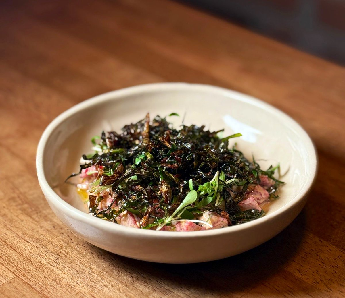 Irish Wagyu fillet steak tartare, kimchee emulsion, ponzu, coriander, lime &amp; miso fried cabbage #proper