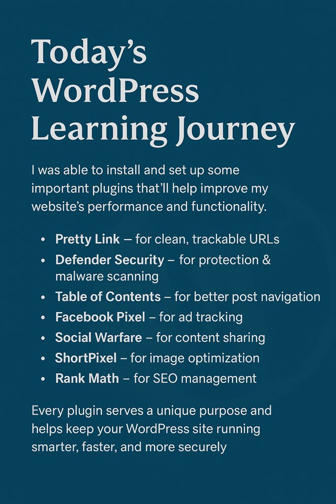 Dexor_01's tweet photo. Today, I installed essential plugins to enhance my WordPress site’s performance and functionality — from SEO tools to image optimization and social sharing!

#WordPress #WebDesign #Blogging #DexorJourney #LearnInPublic #WebsiteDevelopment https://t.co/l2CRyL4iN0