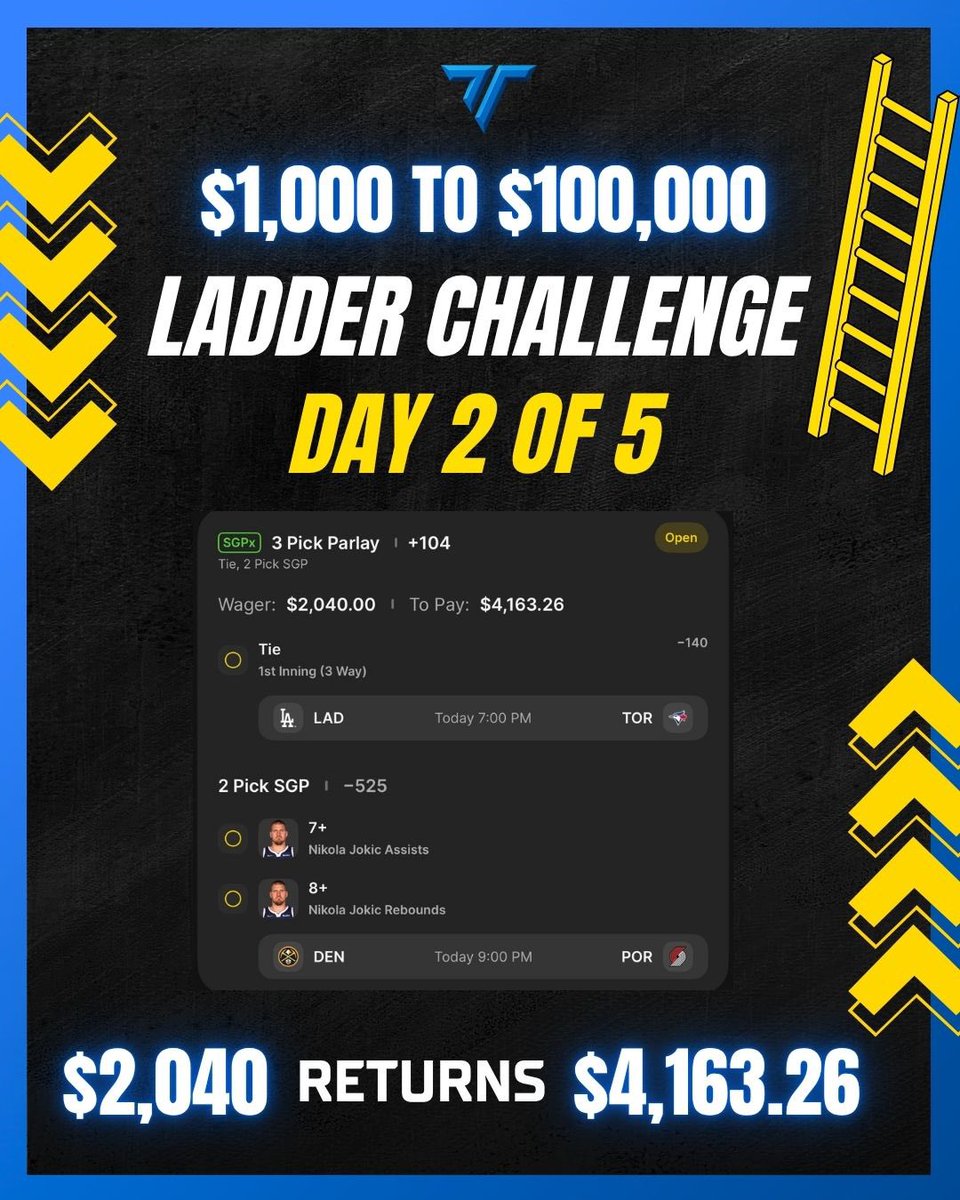 tensor_picks's tweet image. 🚨EXTREME Ladder Challenge: Day 2🪜

Going for another +100. Saturday and Sunday will have a lot more juice🤝