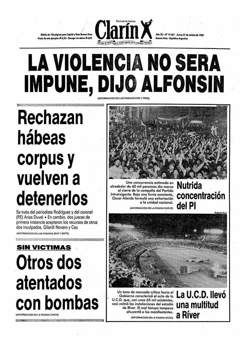 rodoper's tweet image. Hace 40 años, con Estado de Sitio, los jóvenes liberales llenamos la cancha de River con lluvia y pagando entrada para ver a Alsogaray en el cierre de campaña de las legislativas de 1985.