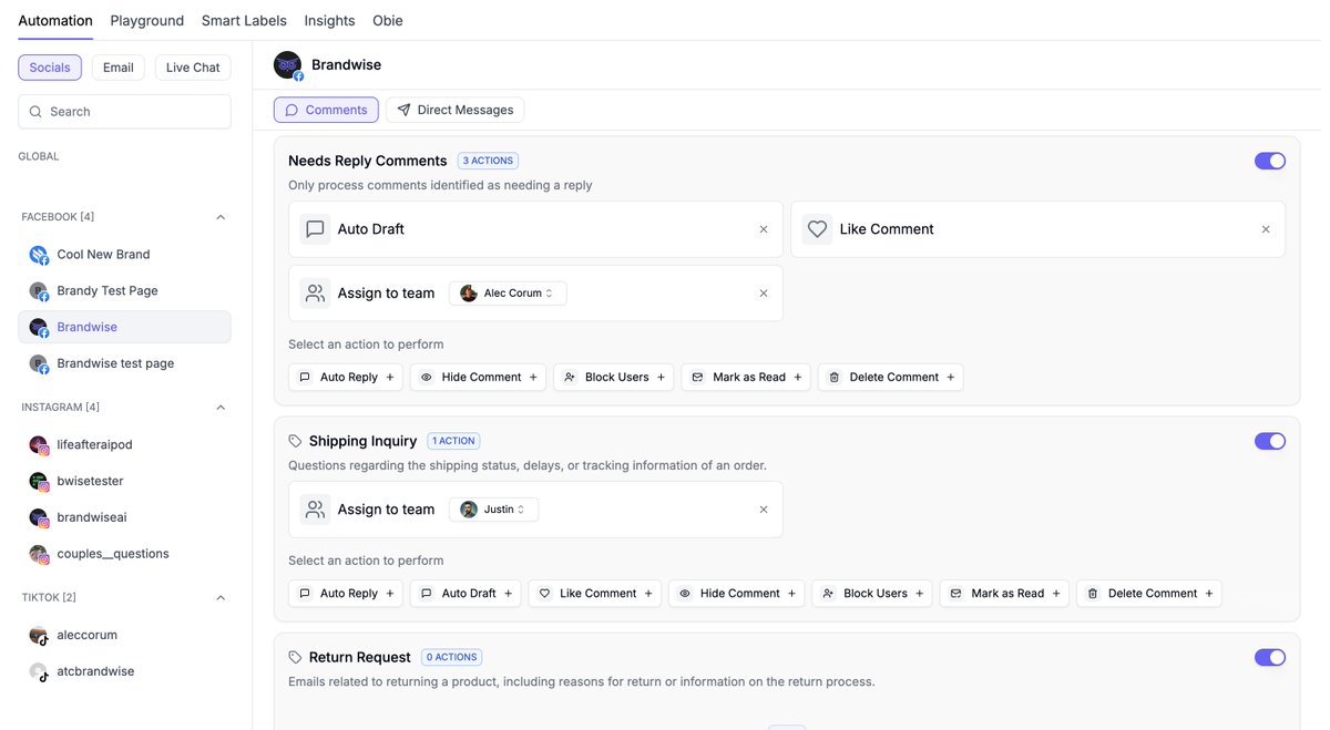 BrandwiseAI's tweet image. We've fully revamped our AI Agent Automations page! ✨

This new update enables more granular control over automations across comments, DMs and emails. Not only can you now configure any combination of actions you'd like, we've also added several new actions for each channel!
