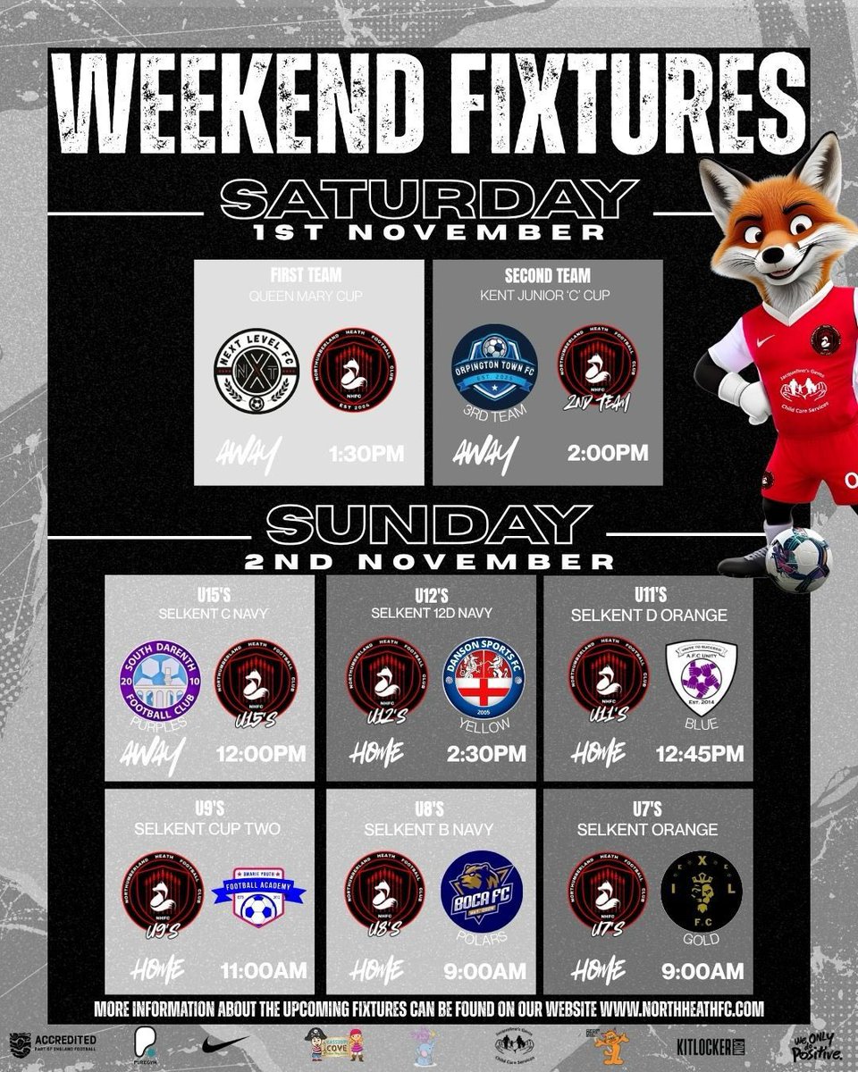 After the youth teams October break everyone’s back in action this week.

The 1st team kick of their <a href="/BASLFL/">B&SL Football league</a> league cup campaign in a Queen Mary Cup fixture, whilst the 2nd team look to progress in the <a href="/KentFA/">Kent FA ⚽</a> Junior C Cup.

We have a bumper day of fixtures at home on Sunday with