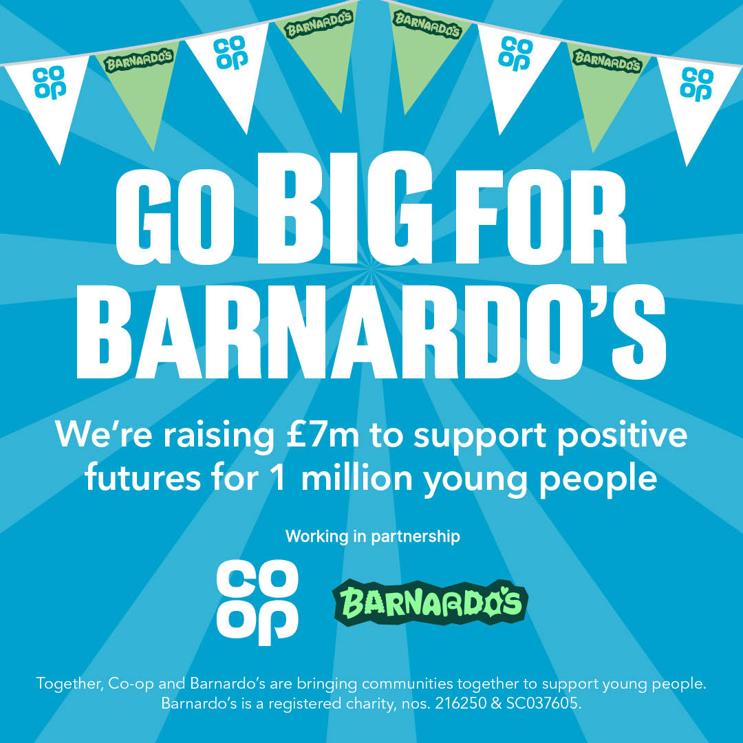 Together, <a href="/coopuk/">Co-op</a> and Barnardo’s are bringing communities together to support
young people 🙌 Help us raise £7m to support positive futures for young people: coop.co.uk/SupportYoungPe…