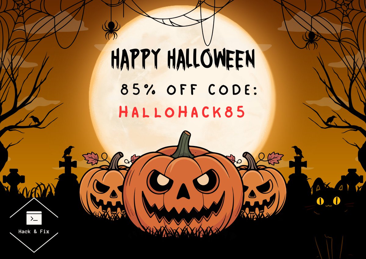 hack_and_fix's tweet photo. 🎃 Halloween Special at @hack_and_fix Academy! 👻

To celebrate, we’re offering a massive 85% OFF on all cybersecurity courses. 🕷️

🎁 Use coupon code HALLOHACK85 at checkout
🔗 Explore courses: https://t.co/PYmzNwQ7By https://t.co/2NGs4SbFX2