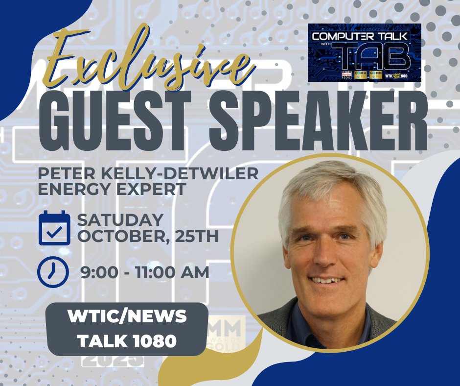 TABComputerSys's tweet image. Join Computer Talk with TAB this Saturday as they host energy expert Peter Kelly-Detwiler. They will be discussing Amazon Energy and its potential impact on you. Listen live on WTIC/News Talk 1080 or the Audacy app. #computertalkwithtab
