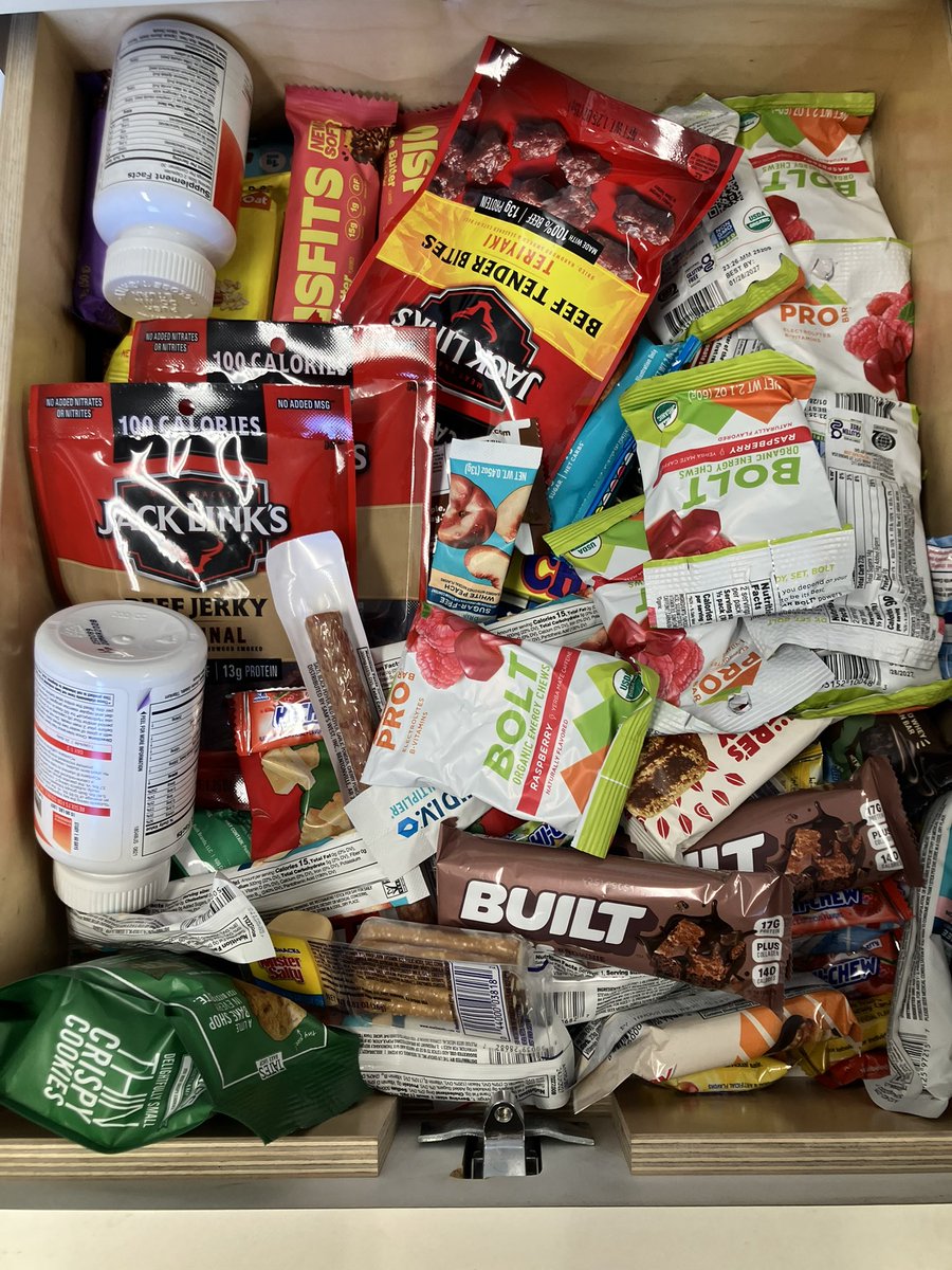 The snack drawer in my office… 
You never know when you could be stranded and hungry. 🦄