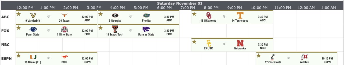 CFBguide's tweet image. Here are your most favorited Week 10 games on CFB.guide! See the full TV grid schedule at  and plan your game day. 📺 #cfbpicks
