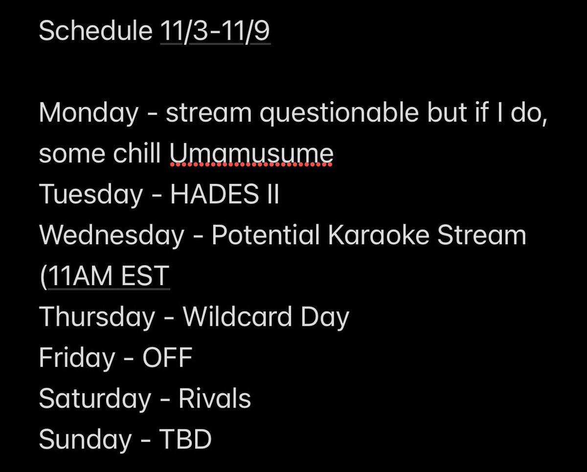 BaxterBunnyVT's tweet image. Schedule for the week! Still got my rivals planned for tomorrow and as for Sunday, it’s a no (for this week. Not the schedule below.)