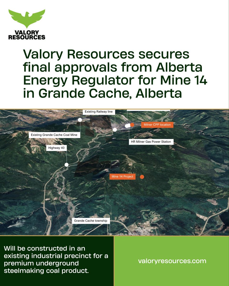 ValoryResources's tweet photo. Valory Resources secures Alberta Energy Regulator approval for it's underground Mine 14 near Grande Cache! An exciting,  thriving future is ahead. Proud to partner with Indigenous communities and support responsible #steelmakingcoal. https://t.co/7dniNm1AD0