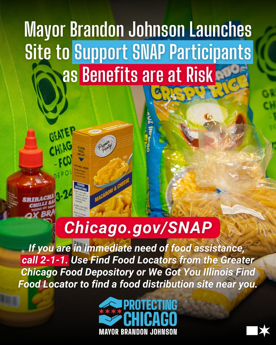 ChicagosMayor's tweet image. Due to Trump's shutdown, November SNAP benefits are at risk of not being available to Chicagoans who rely on this funding to buy groceries. Part of my Protecting Chicago initiative, the City is making resources available for affected SNAP participants at Chicago.gov/SNAP.