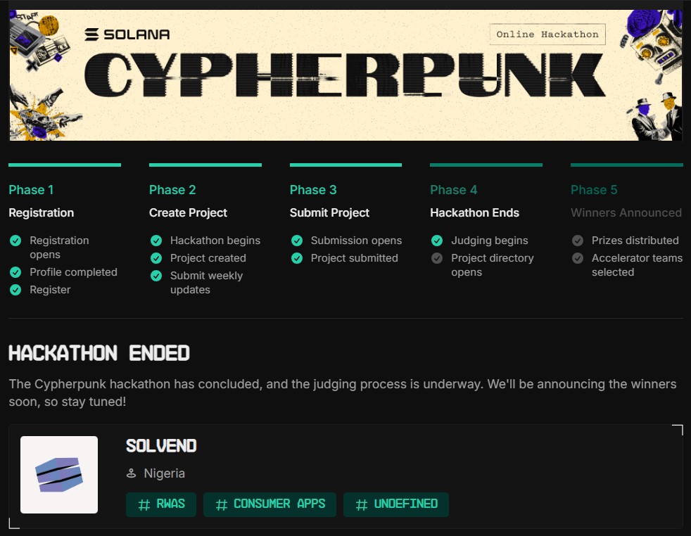 Vend4Sol's tweet photo. Submission Complete!

In the early hours of today, just a few minutes before deadline, we officially submitted @Vend4Sol for the Solana @colosseum Cypherpunk Hackathon.

Thanks to everyone, especially, the @SuperteamNG community, for the support.
And to everyone who believed in our goal to create a "Buy-to-Earn" Platform, we love you.

Stay Tuned!