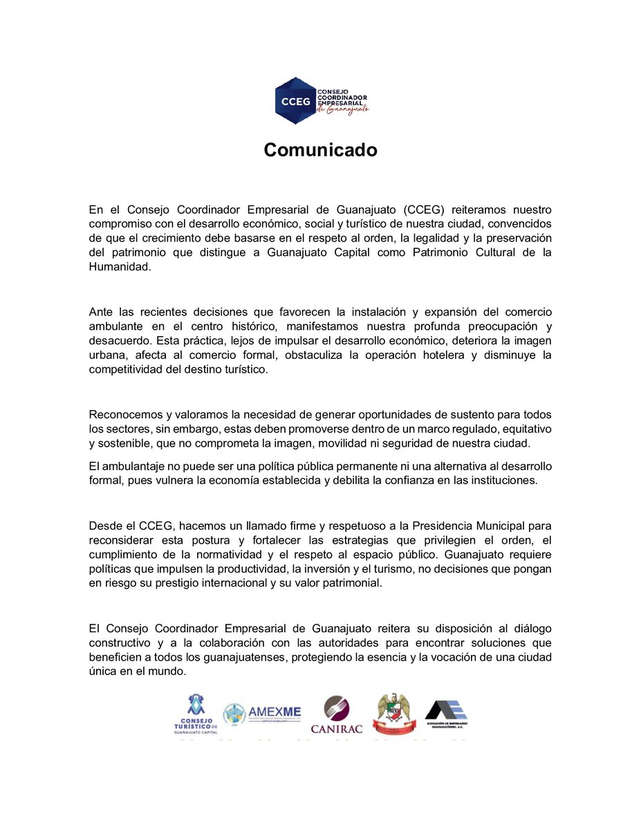 📢 Defendemos la economía formal, el orden y la preservación de la imagen patrimonial de nuestra ciudad. Guanajuato merece políticas que impulsen su desarrollo, no que lo pongan en riesgo.

#CCEG #GuanajuatoCapital #EconomíaFormal #PatrimonioDeLaHumanidad #PorUnGuanajuatoOrdenado