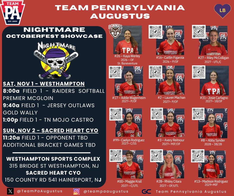 This weekend, Team PA Augustus will be back in NJ with another opportunity to #earnit at the <a href="/nightmarefp/">Nightmare Fastpitch</a> Octoberfest Showcase.  Come check us out!

Uncommitted Players
2026 - 1
2027 - 8
2028 - 1
2029 - 1

<a href="/teampafastpitch/">Team Pennsylvania Fastpitch</a> 
#teampaproud
