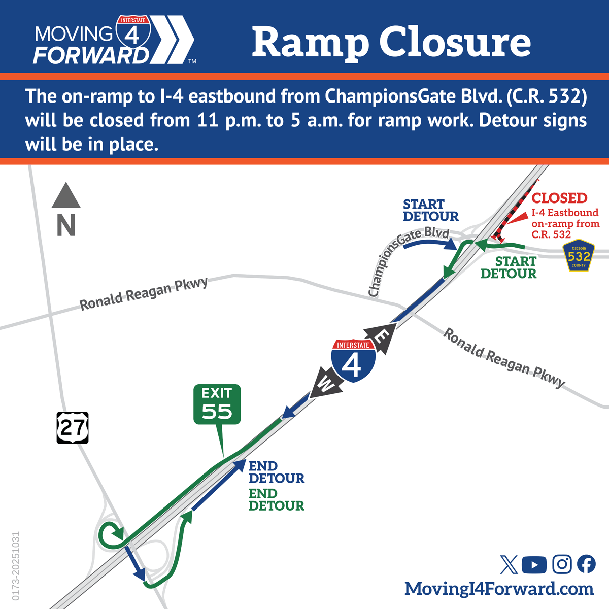 MyFDOT_CPO_MI4's tweet image. Traffic Advisory: The on-ramp to I-4 eastbound from ChampionsGate Boulevard (C.R. 532) will be fully closed overnight from 11 p.m. on Sunday, Nov. 2, to 5 a.m. on Monday, Nov. 3 for ramp work. Detour signs will be posted. Drive safe! For more information visit:…